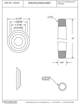 1/2" Ips X 36" Ceiling Mounted Shower Arm With Flange In Polished Chrome