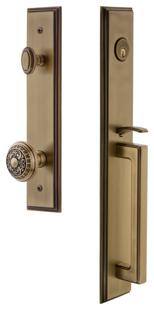 Carre' 1-Piece Dummy Handleset, D Grip and Windsor Knob, Vintage Brass, 849242