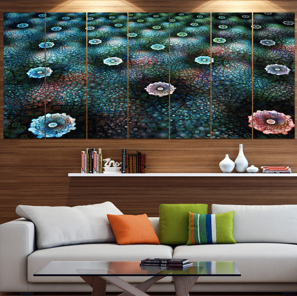 Blue Flowers on Alien Planet, Floral Canvas Art Print, 83"x32", 7 Panels