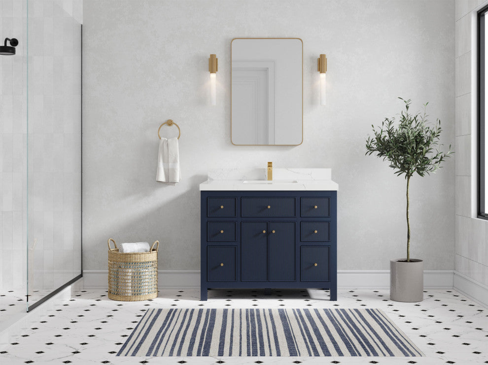 Sonoma 42 Single Sink Reeded Bath Vanity in Hale Navy Blue 2" Calacatta Laza