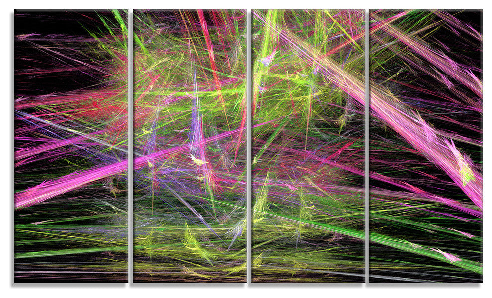 Green Pink Magical Fractal Pattern, Abstract Canvas Wall Art, 48"x28", 4 Panels