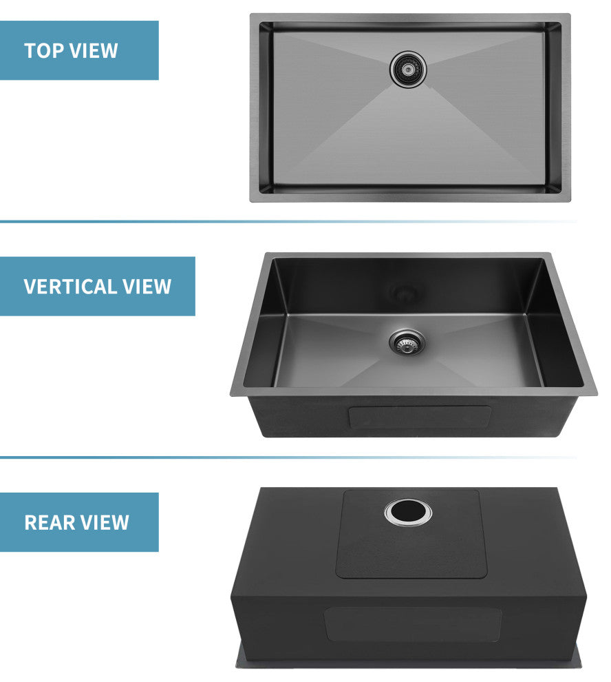 Undermount Single Bowl Stainless Steel Kitchen Sink, Gunmetal Black, 33 X 21