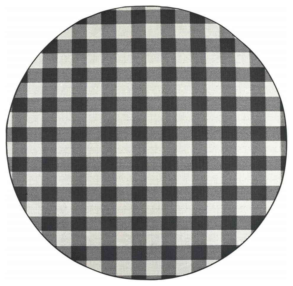 8" Round Black and Ivory Gingham Indoor Outdoor Area Rug