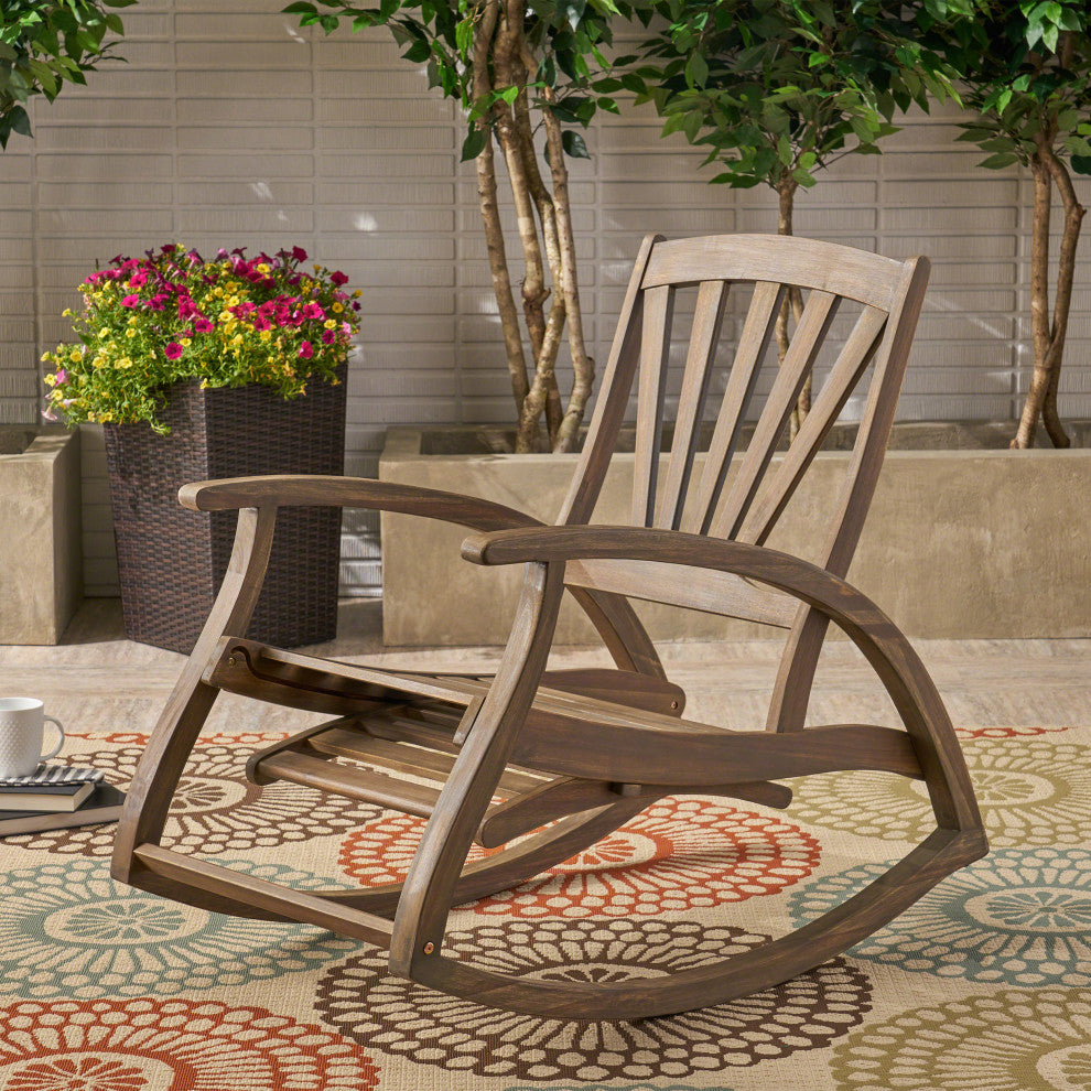 GDF Studio Alva Outdoor Acacia Wood Rocking Chair With Footrest, Gray Finish