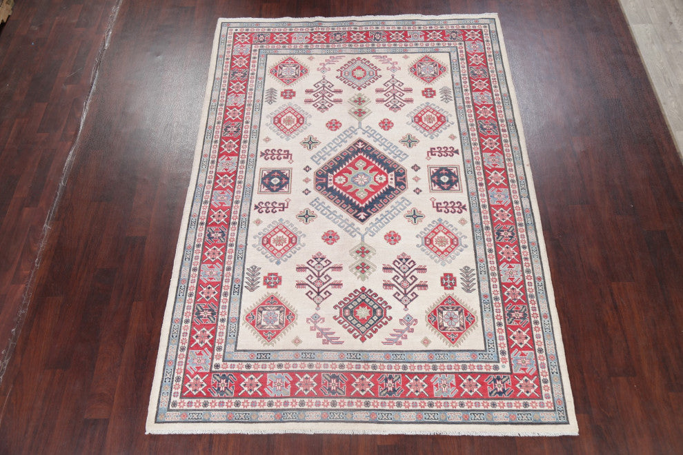 Oriental Traditional Kazak Handmade Pakistani Area Rug, Beige, 9'5"x6'6