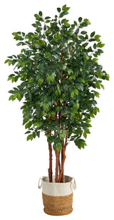 7' Sakaki Artificial Tree, Handmade Natural Jute and Cotton Planter