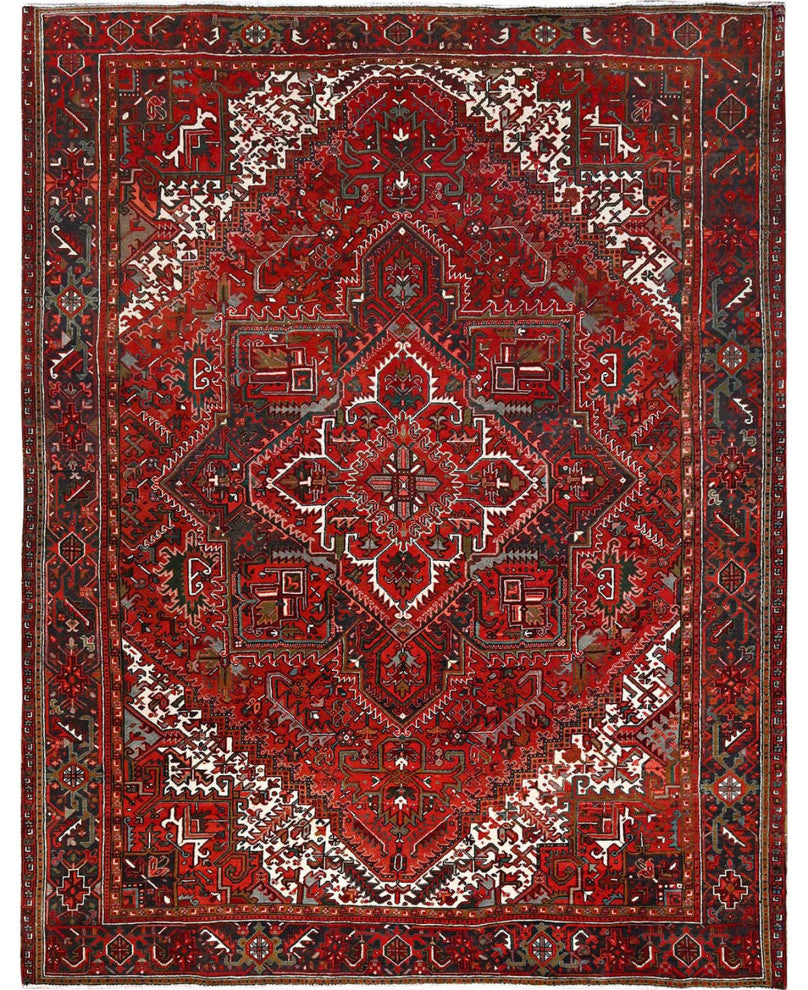 Barn Red Pure Wool Hand Knotted Vintage Persian Heriz Oriental Rug 9'9"x12'5"