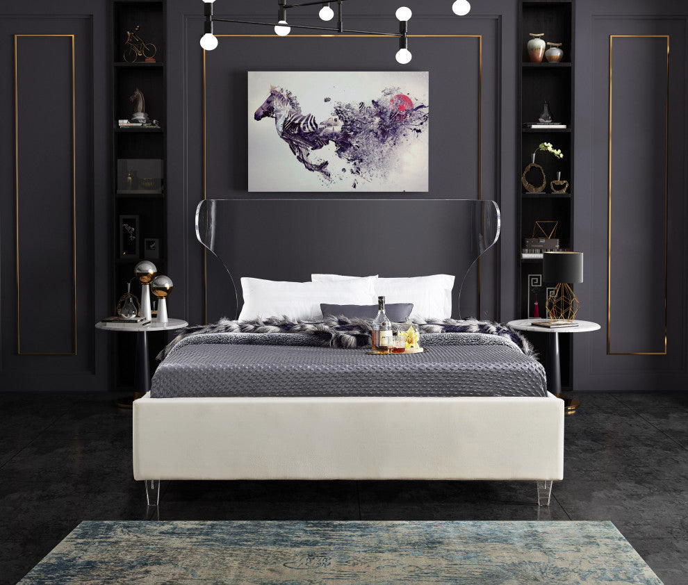 Ghost Velvet Upholstered Bed, Cream, King