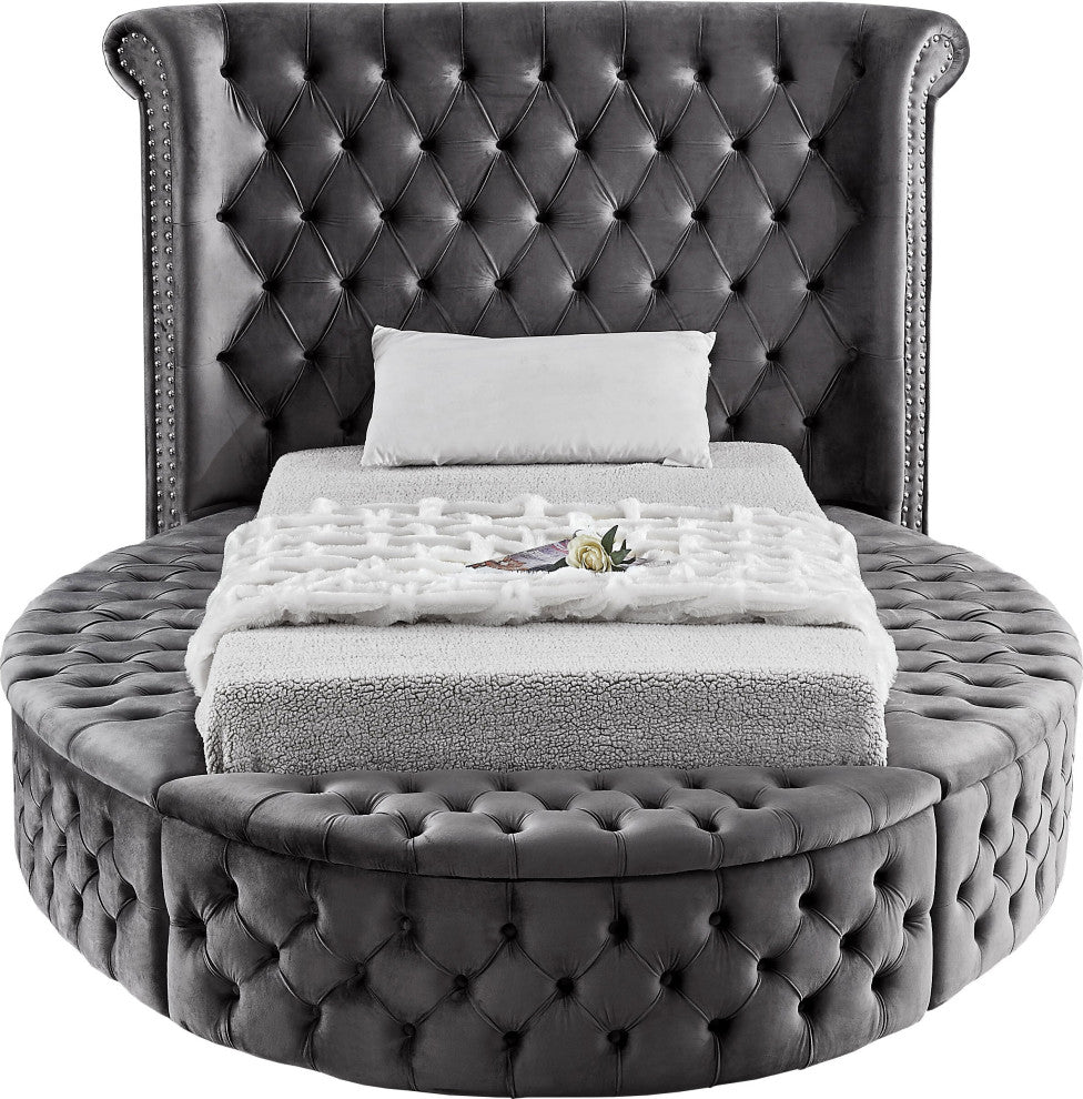 Luxus Button Tufted Velvet Round Bed, Gray, Twin