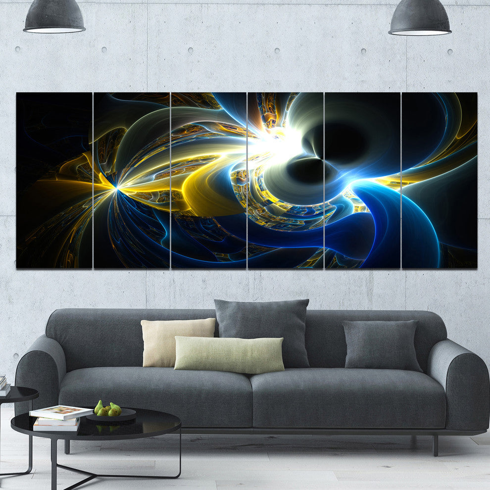 Glowing Blue Yellow Plasma, Abstract Wall Art Canvas, 70"x28", 6 Panels