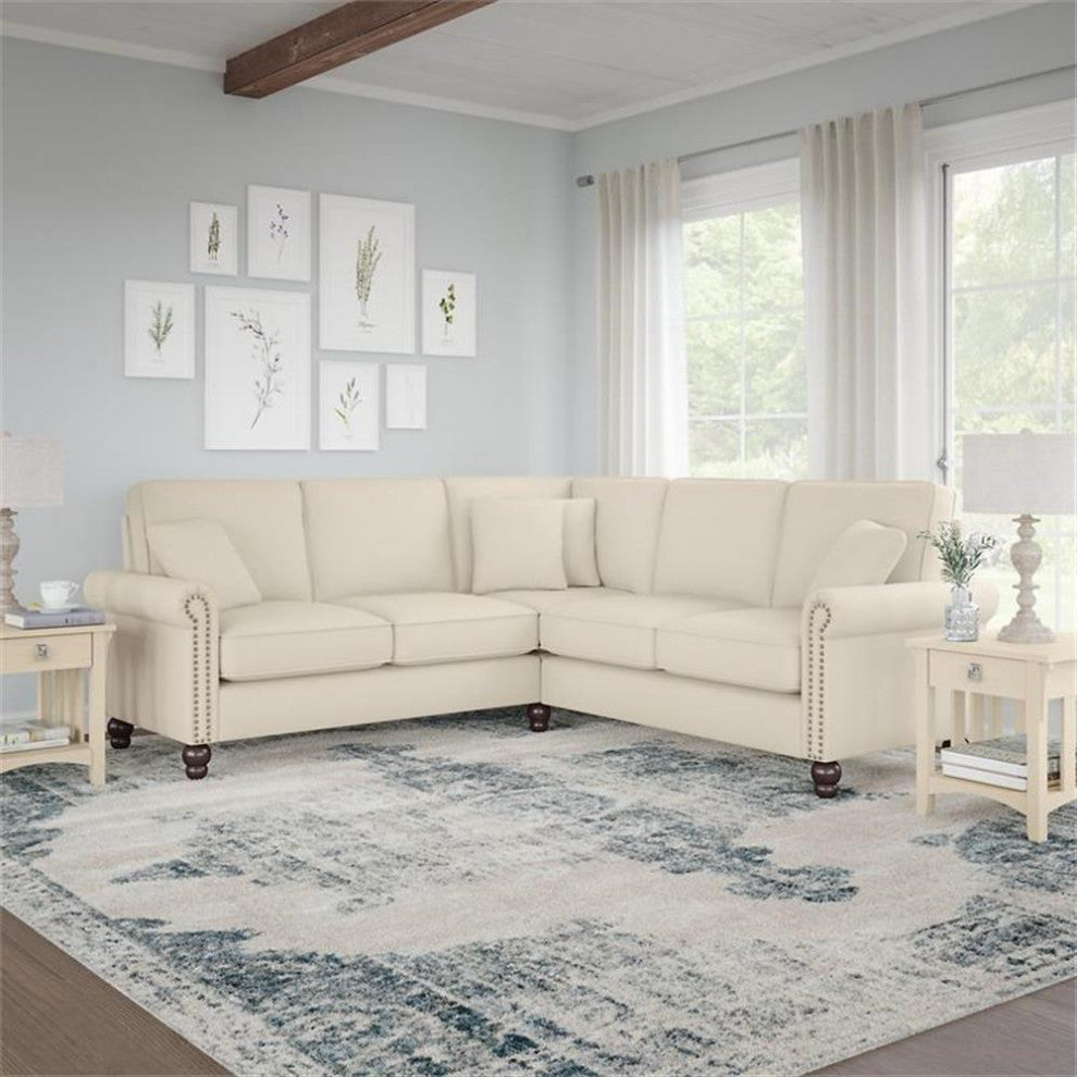 Coventry 87W L Shaped Sectional Couch in Cream Herringbone Fabric
