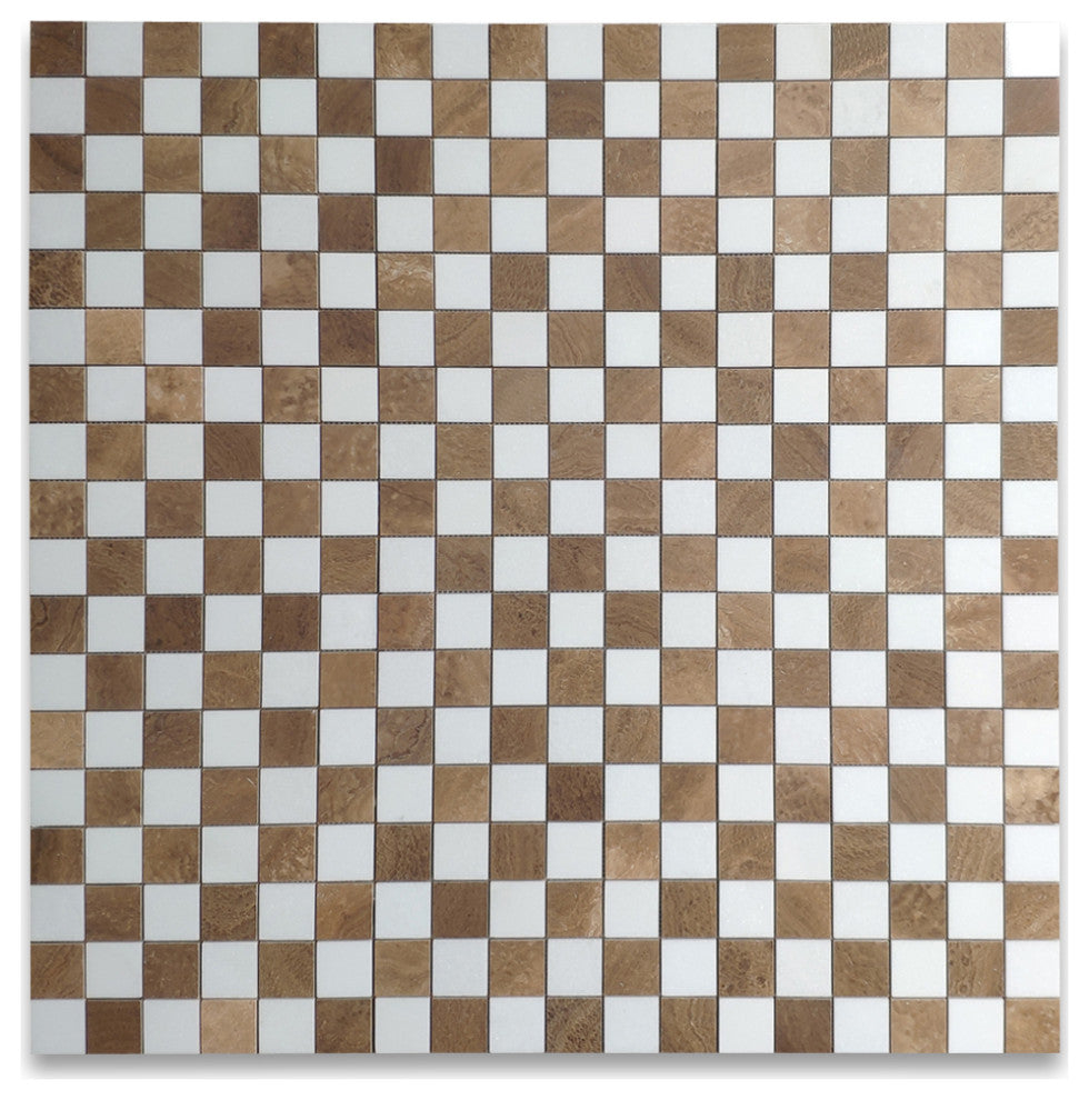 Thassos White Yellow Woodgrain Marble Checkerboard Square Mosaic Tile, 1 sheet