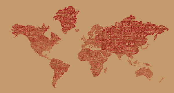 1-World Text Map Wall Mural, Red Wine, 8 panel, 166x89"