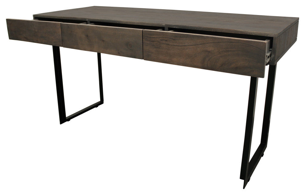 Grady Solid Wood 3 Drawer Desk in Gray Wash with Iron Base