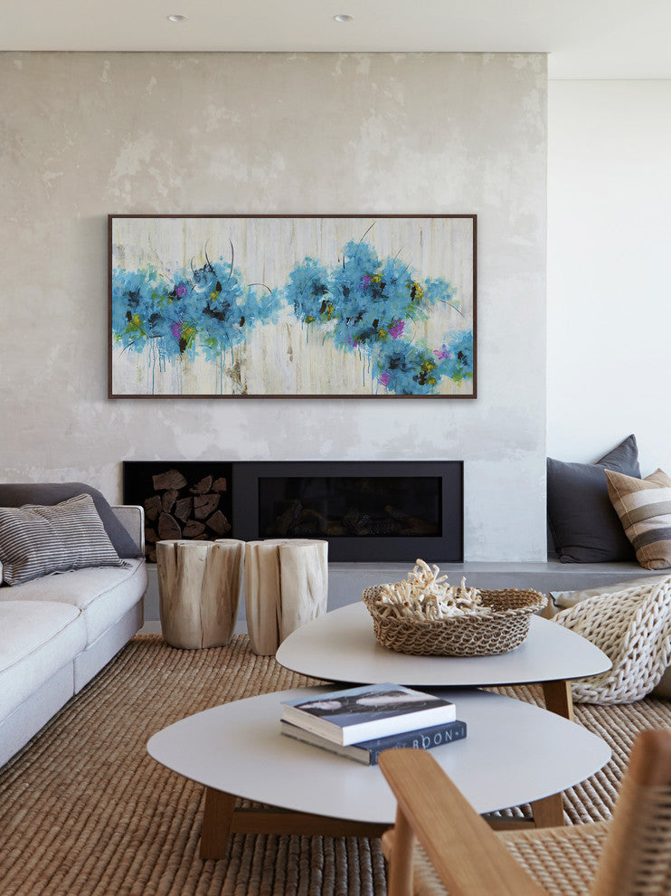 "Blue Blooms" Floater Framed Painting Print on Canvas, 24x12