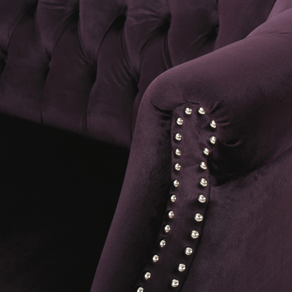 GDF Studio Melaina Tufted Scroll Arm New Velvet Loveseat, Blackberry