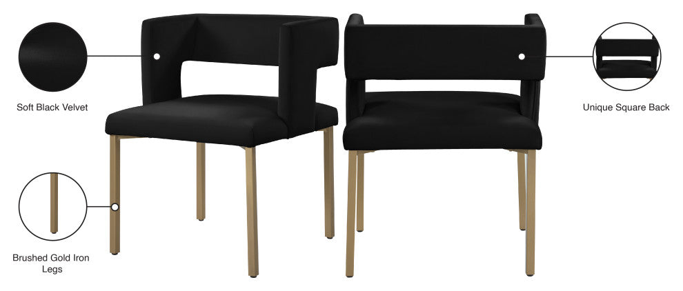 The Caleb Dining Chair, Black and Brushed Gold, Velvet and Iron, Set of 2