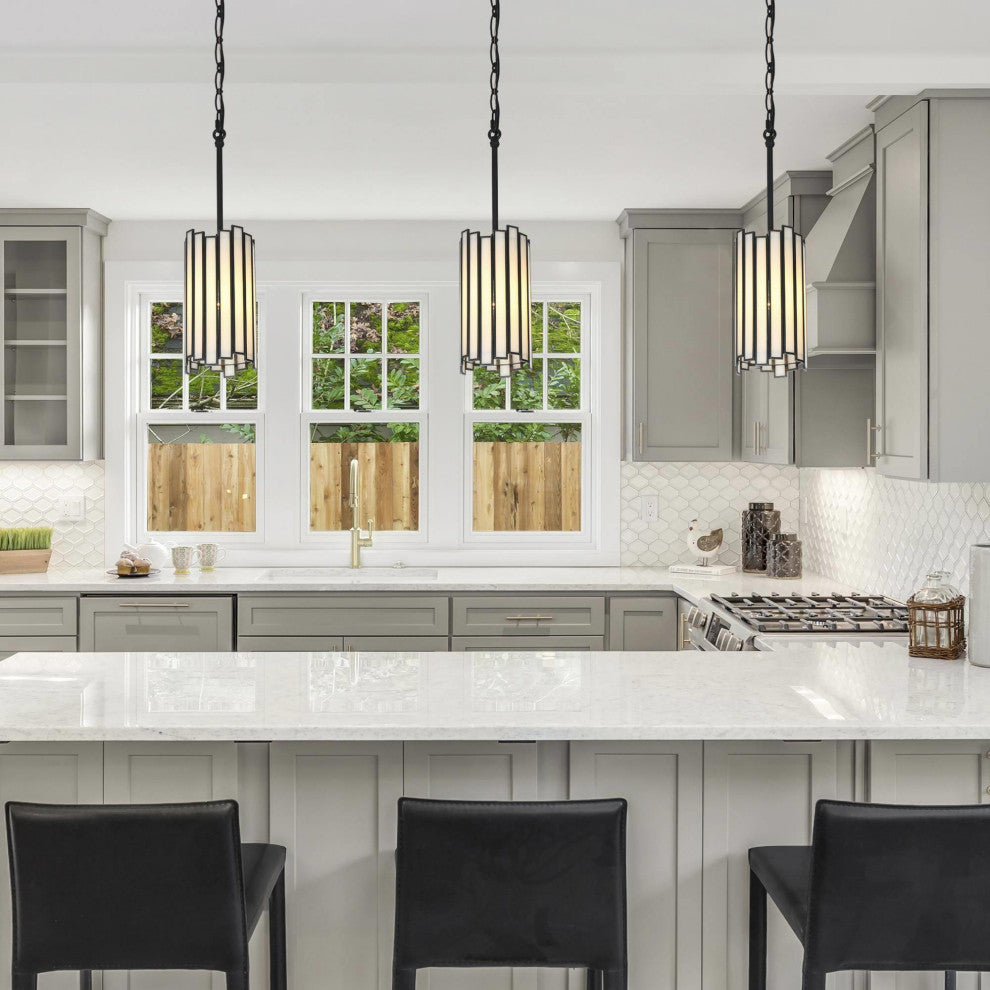 LNC 1-Light Modern Cylinder/Drum Glass Kitchen Pendant Lighting, White & Black