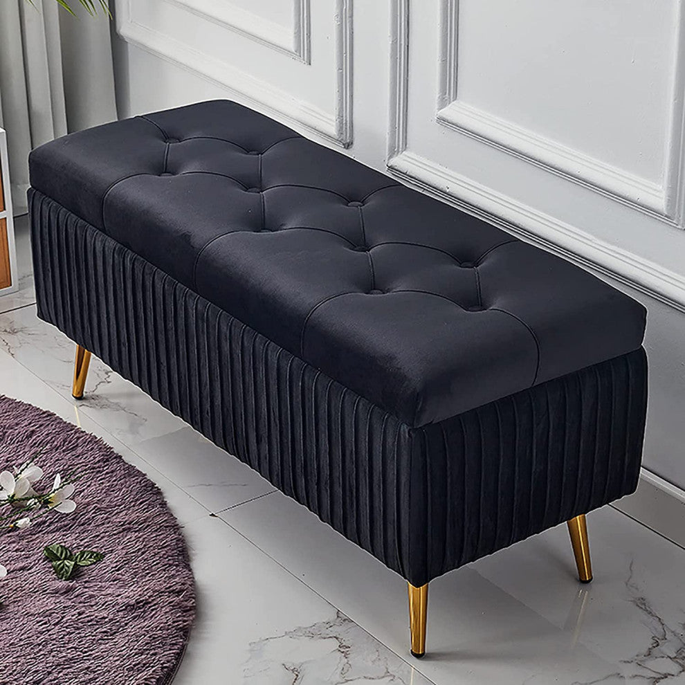 Luxurious Velvet Upholstered Storage Bench, Black