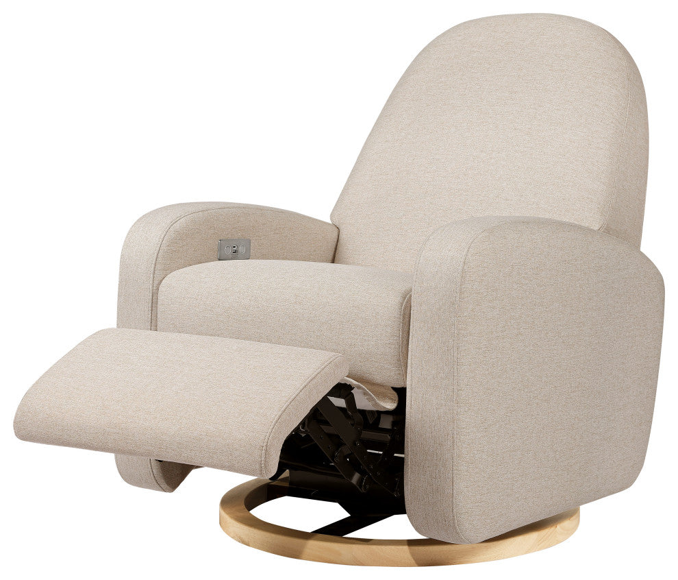 Nami Electronic Recliner and Swivel Glider Recliner, Boucle With USB port, Performance Beach Eco-Weave With Light Wood Base