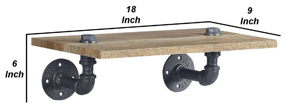 Benzara BM275481 18" Wood Wall Mount Shelf, Metal Pipe Design, Brown/Black