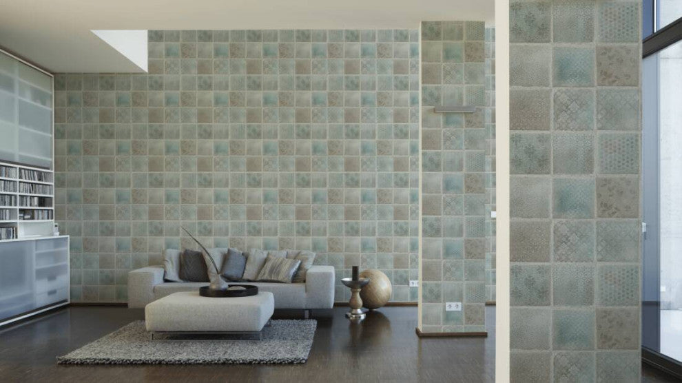 Textured Wallpaper, Flower Ornaments, Blue Green Gray Silver, 1 Roll