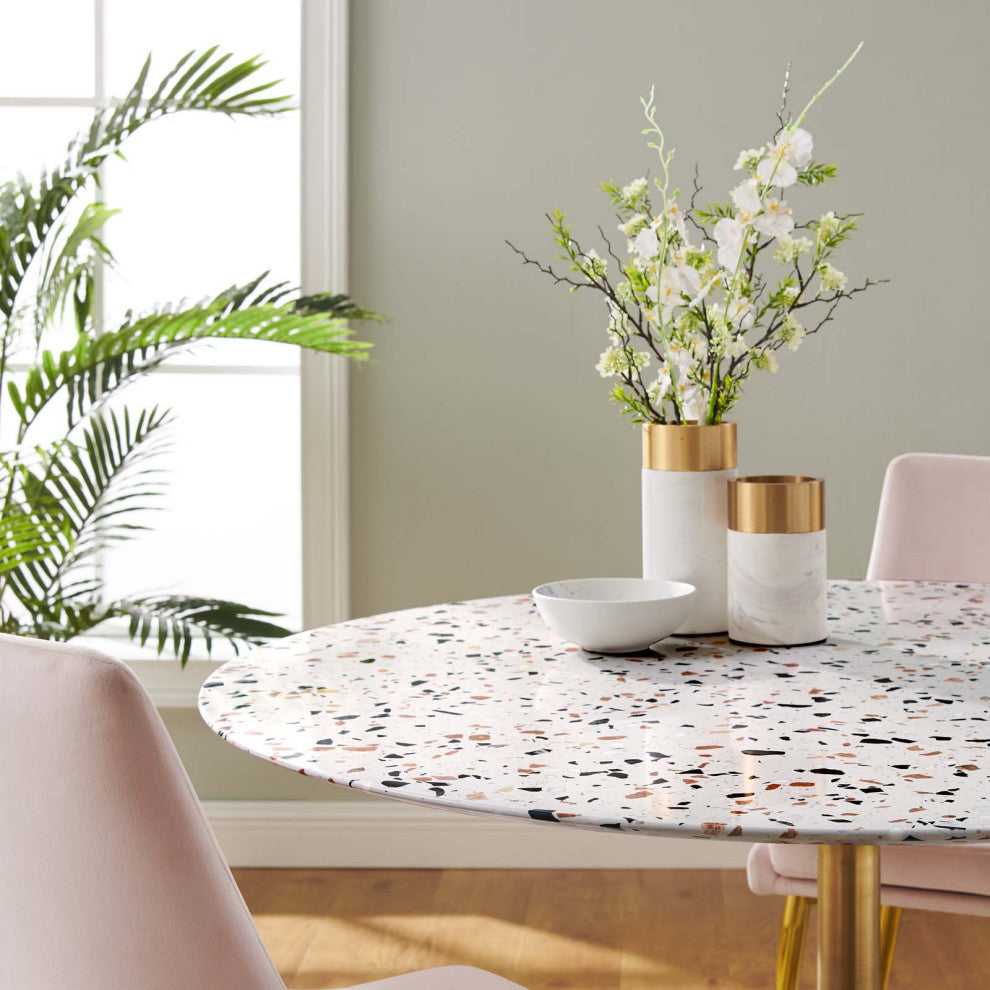 47" Dining Table, Round, White Gold, Metal, Modern, Cafe Bistro Hospitality