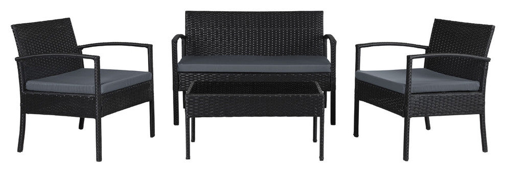 Teaset 4-Piece Black Wicker Patio Conversation Set with Gray Cushions