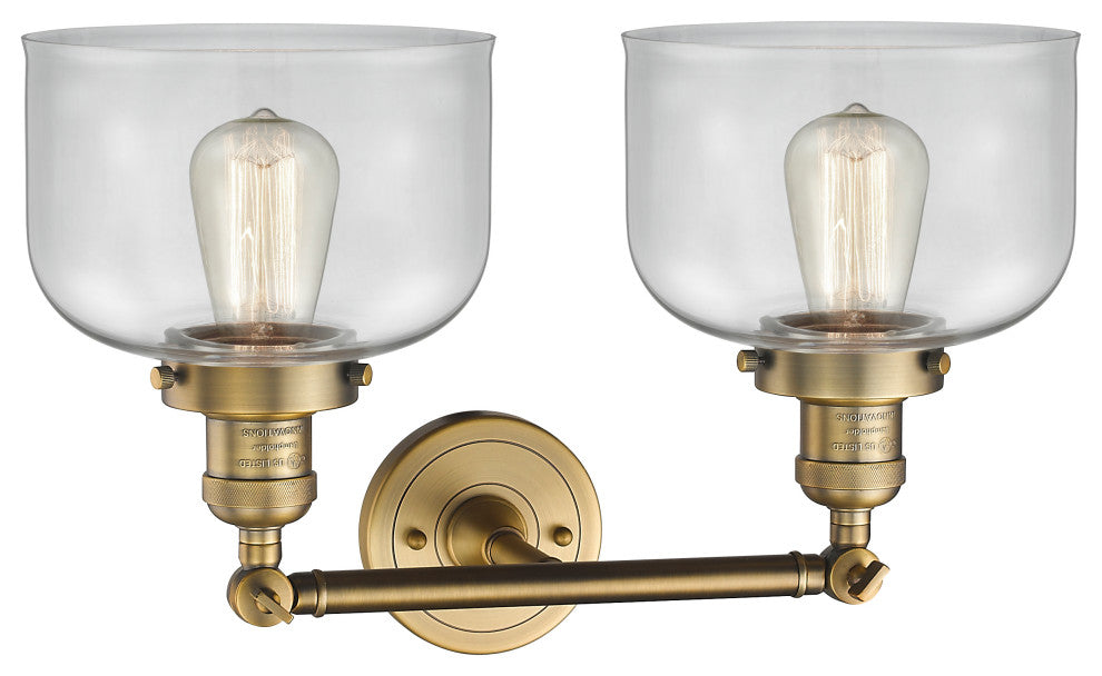 Large Bell 2-Light Bath Fixture, Clear Glass, Brushed Brass