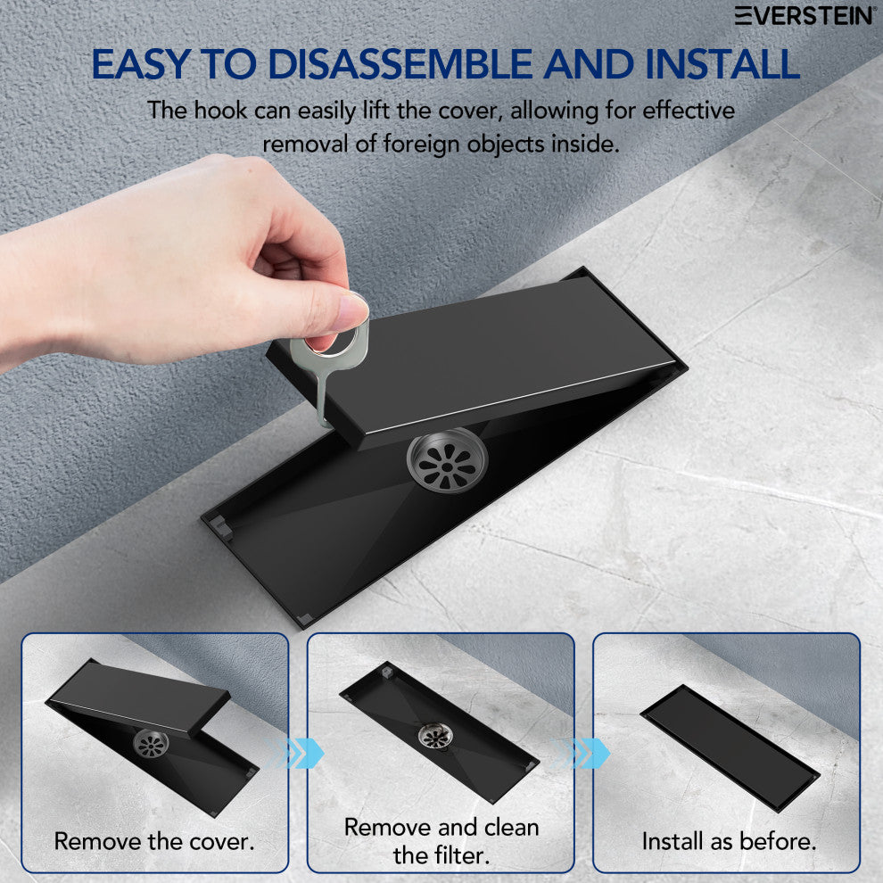 Linear Shower Drain with Hair Strainer and Reversible Tile Insert Cover, Matte Black
