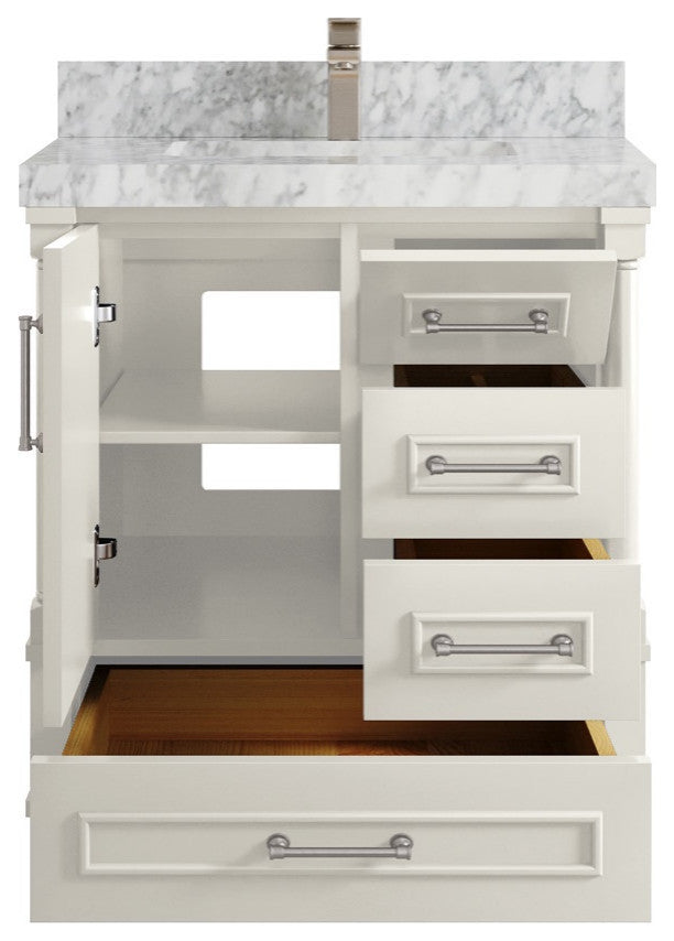 Aberdeen 30" Single Sink Bath Vanity, Alabaster 2" Carrara Marble