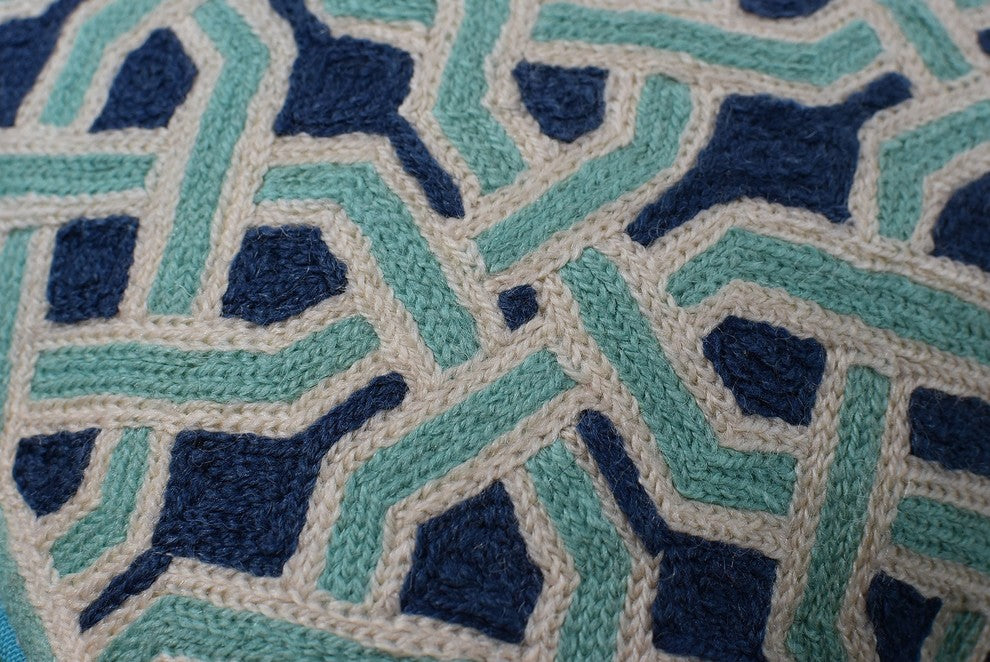 Mosaic Celtic Knot Turquoise Decorative Pillow Cover Handembroidered Wool 20x20"