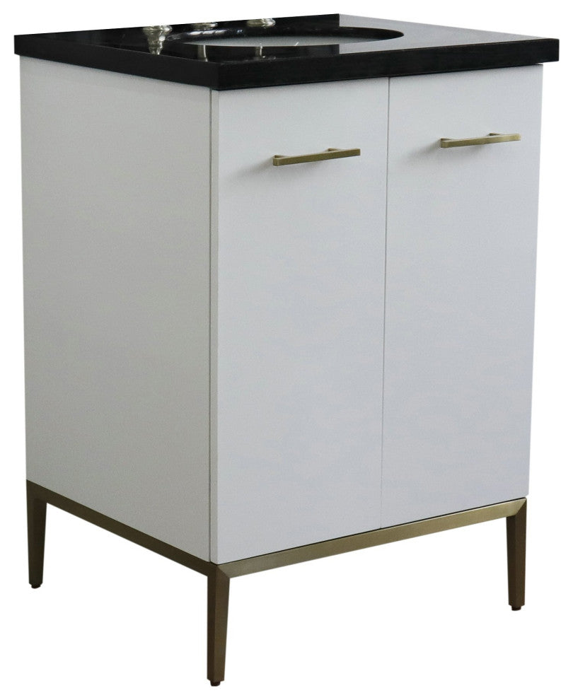25" Single Sink Vanity, White Finish With Black Galaxy Granite And Oval Sink