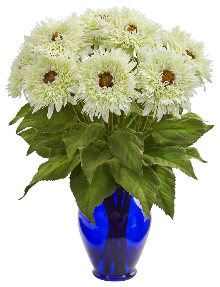Nearly Natural Sunflower Artificial Arrangement in Blue Vase White