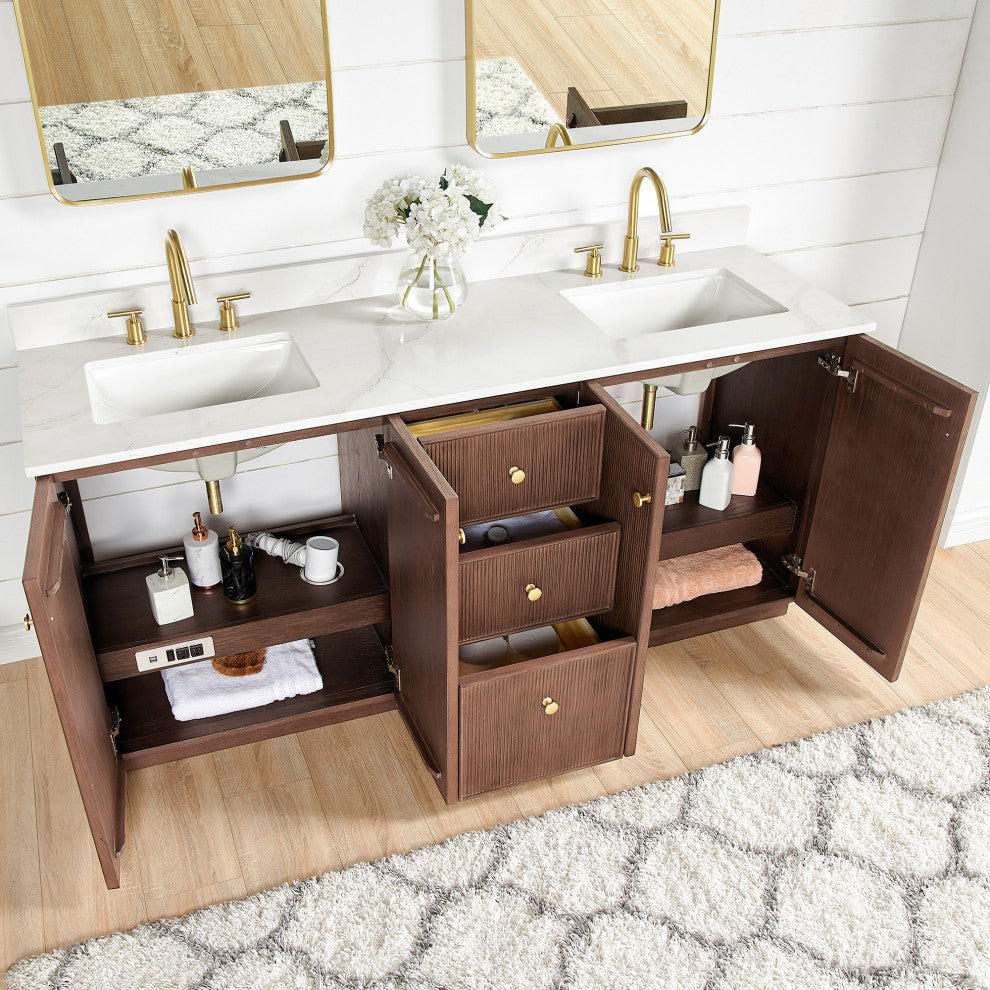 Oza Bath Vanity with Quartz Stone Top, Aged Dark Brown Oak, 72", Double Vanity, No Mirror
