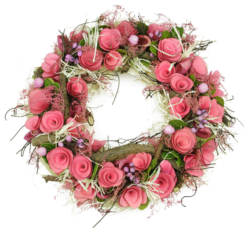 Silk Flowers Leaves and Wooden Twigs Artificial Wreath, Pink, 12.5"
