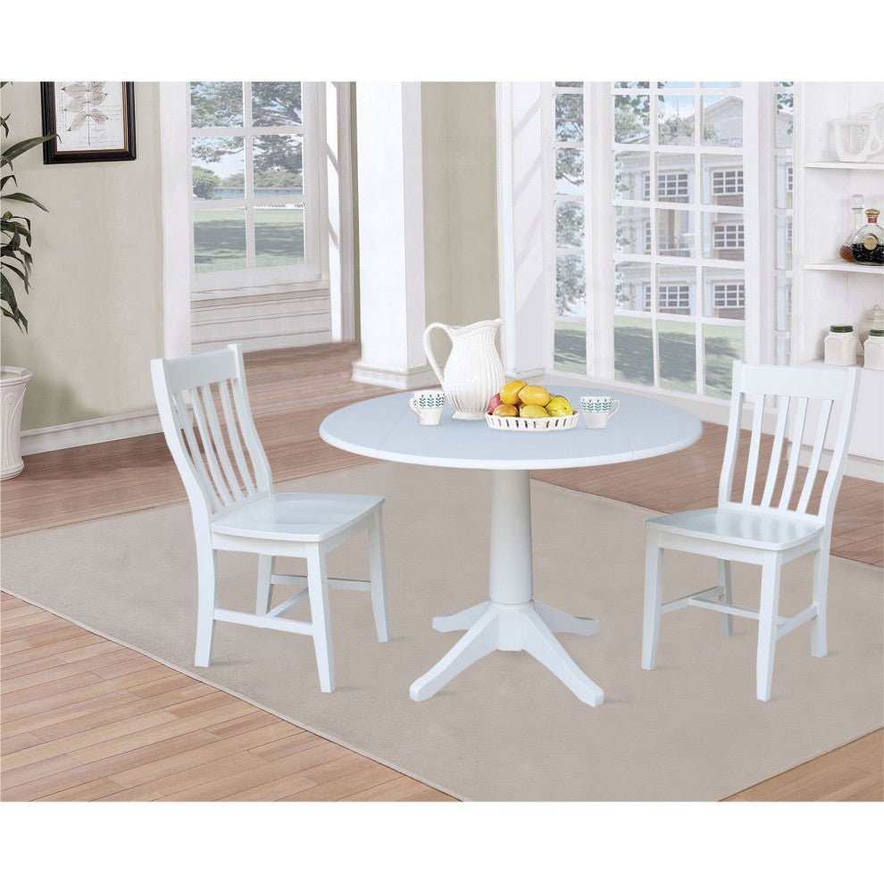 42" Round Top Pedestal Table with 2 Chairs, White