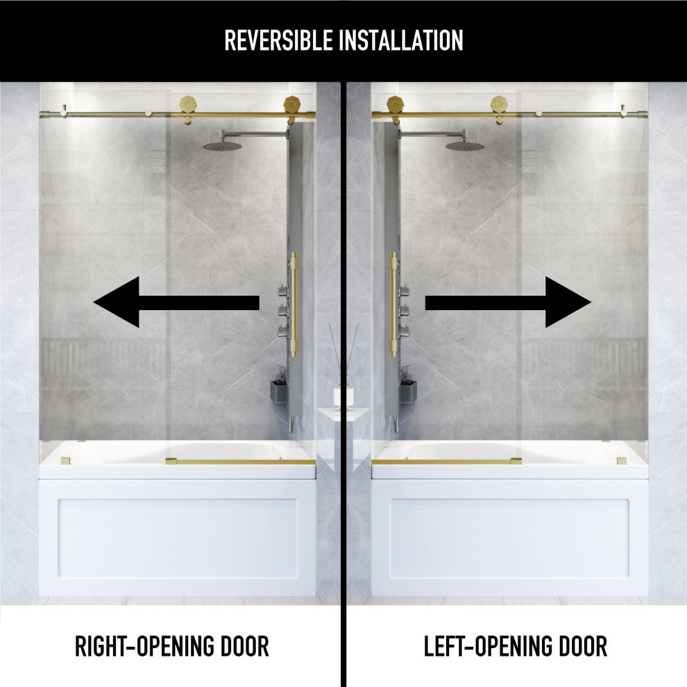 VIGO Elan Hart 56" to 60" W x 66" H Frameless Sliding Tub Door, Stainless Steel, Clear Glass