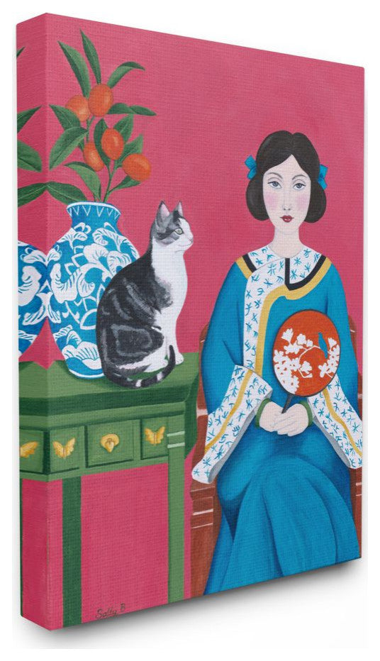 Chinese Woman And Cat Red Green Blue Painting, 16"x20"