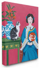 Chinese Woman And Cat Red Green Blue Painting, 16"x20"