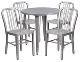 30" Round Silver Metal Indoor-Outdoor Table Set, 4 Vertical Slat Back Chairs