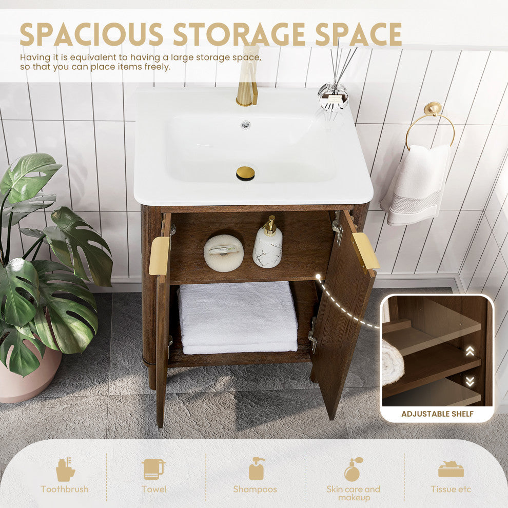 Mumbai Bath Vanity with Ceramic Basin Top without Mirror, Dark Brown Oak, 24", Single Vanity