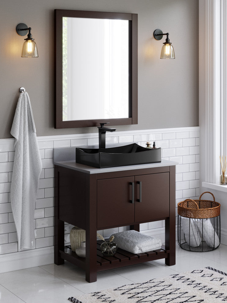 Rectangular Porcelain Vessel Bathroom Sink in Matte Black with Drain, Matte Black