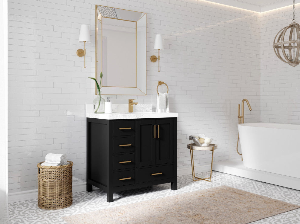 Malibu 36" Right Offset Bath Vanity in Black 2" Calacatta Sienna