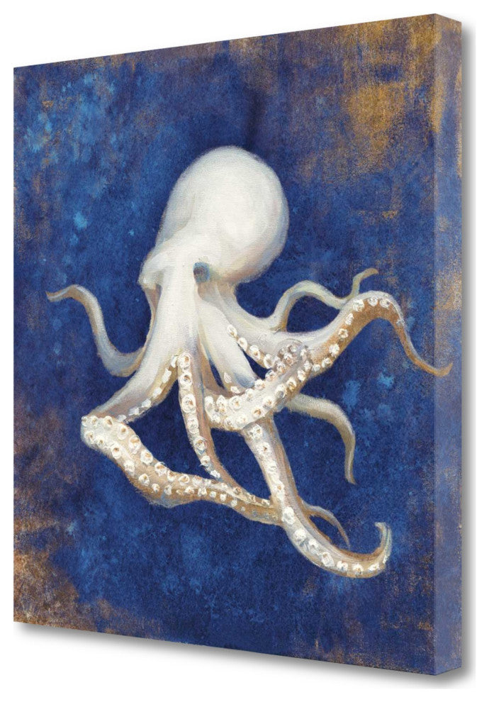 35" Rustic Deep Blue and Gold Octopus Giclee Wrap Canvas Wall Art