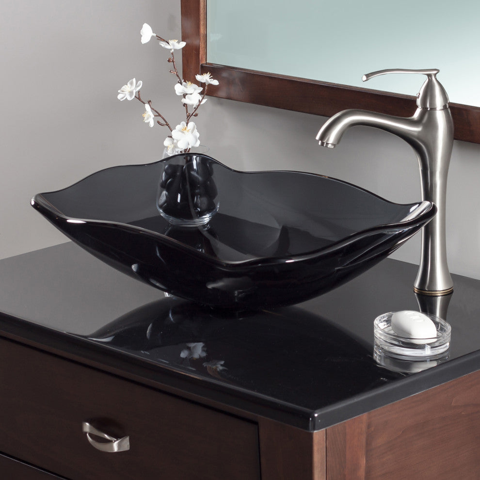 Rettangolare Clear Grey Scalloped Tempered Glass Vessel Sink and Drain, Brushed Nickel