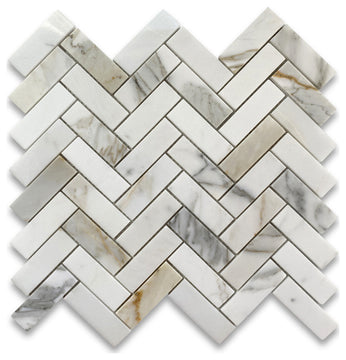 Calacatta Gold Calcutta Marble 1x3 Herringbone Mosaic Tile Polished, 1 sheet