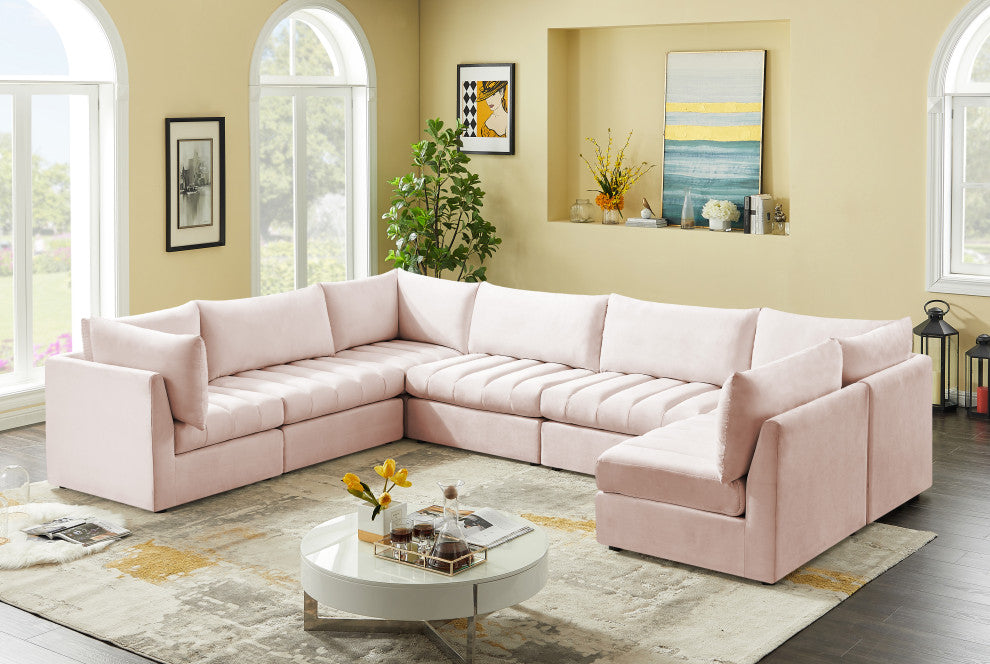 Jacob Velvet Upholstered 7-Piece U-Shaped Modular Sectional, Pink