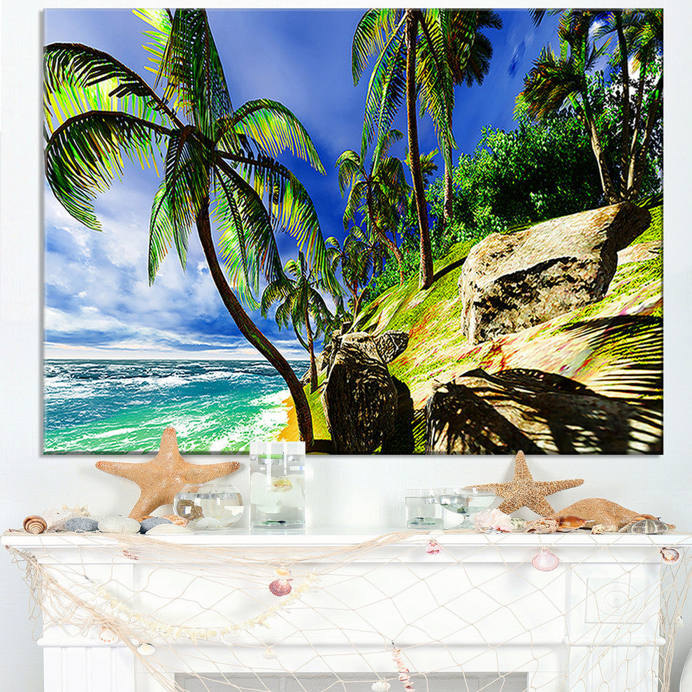 "Palms in Hawaii Island Beach" Modern Seascape Canvas Artwork, 32"x16"