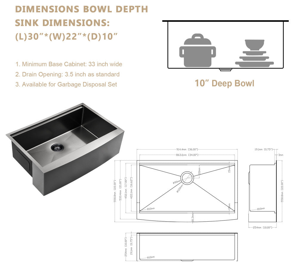 Farmhouse Apron T-304 Stainless Steel Deep Basin Kitchen Sink, Gunmetal Black, 30x22x10 in